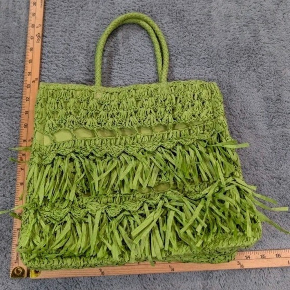 Handcrafted in India Green Straw Paper Woven Tote Bag Boho Fringe Summer Beach